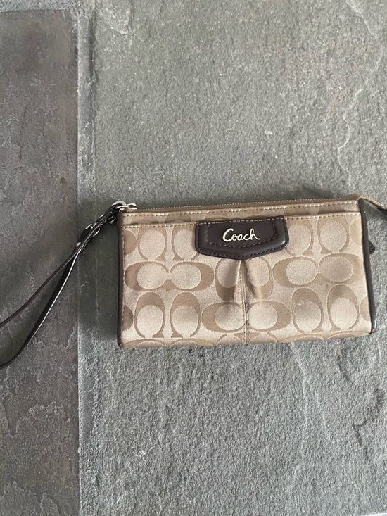 Coach Handbags - Coach Khaki and Brown Signature Canvas Wristlet